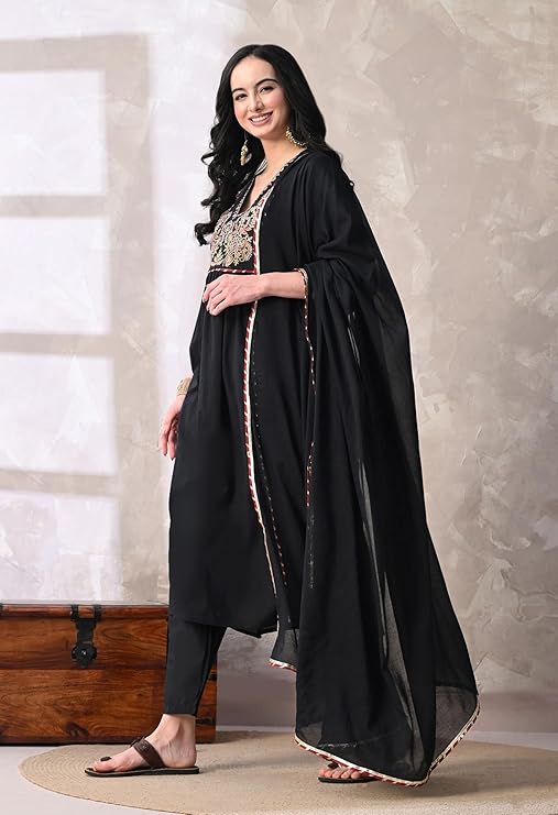 Women's Cotton Anarkali Kurta with Palazzo and Dupatta, Embroidered Yoke, 3-Piece Set - Image 3