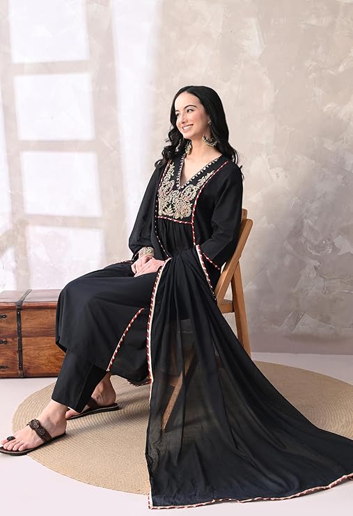 Women's Cotton Anarkali Kurta with Palazzo and Dupatta, Embroidered Yoke, 3-Piece Set - Image 2