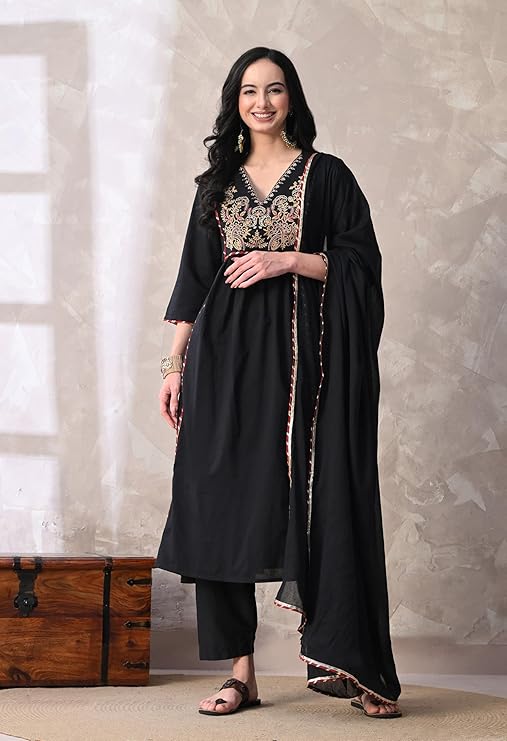 Women's Cotton Anarkali Kurta with Palazzo and Dupatta, Embroidered Yoke, 3-Piece Set - Image 4