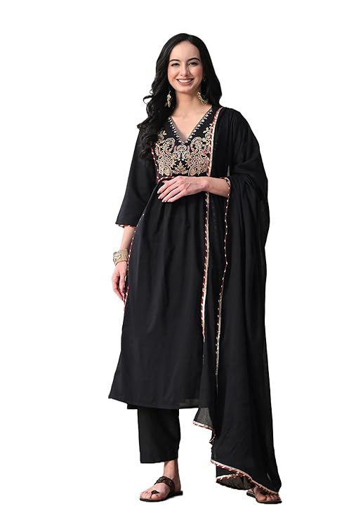 Women's Cotton Anarkali Kurta with Palazzo and Dupatta, Embroidered Yoke, 3-Piece Set
