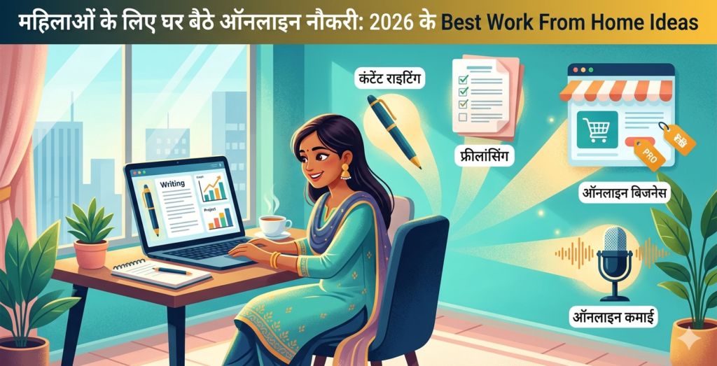 महिलाओं के लिए घर बैठे ऑनलाइन नौकरी कौन सी है? जानिए 2026 की best work from home jobs, online earning ideas, freelancing, content writing और online business के बारे में पूरी जानकारी।