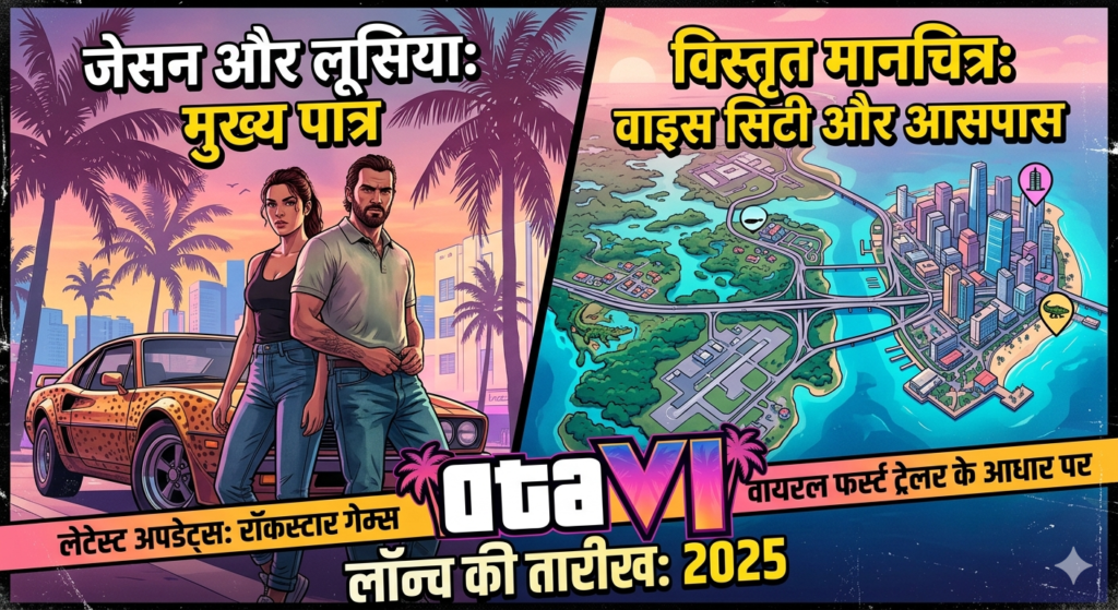 GTA VI कब आएगा, GTA 6 का map कैसा होगा, characters कौन होंगे और Rockstar Games क्या नया ला रहा है? जानिए पूरी जानकारी हिंदी में।