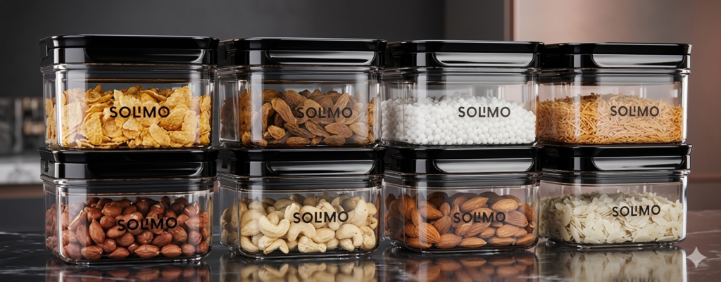 Store your snacks in style! Amazon Brand – Solimo Airtight & BPA-free plastic storage containers. Multipurpose, durable, and keeps food fresh for longer. Shop the best kitchen storage set on Viradome now