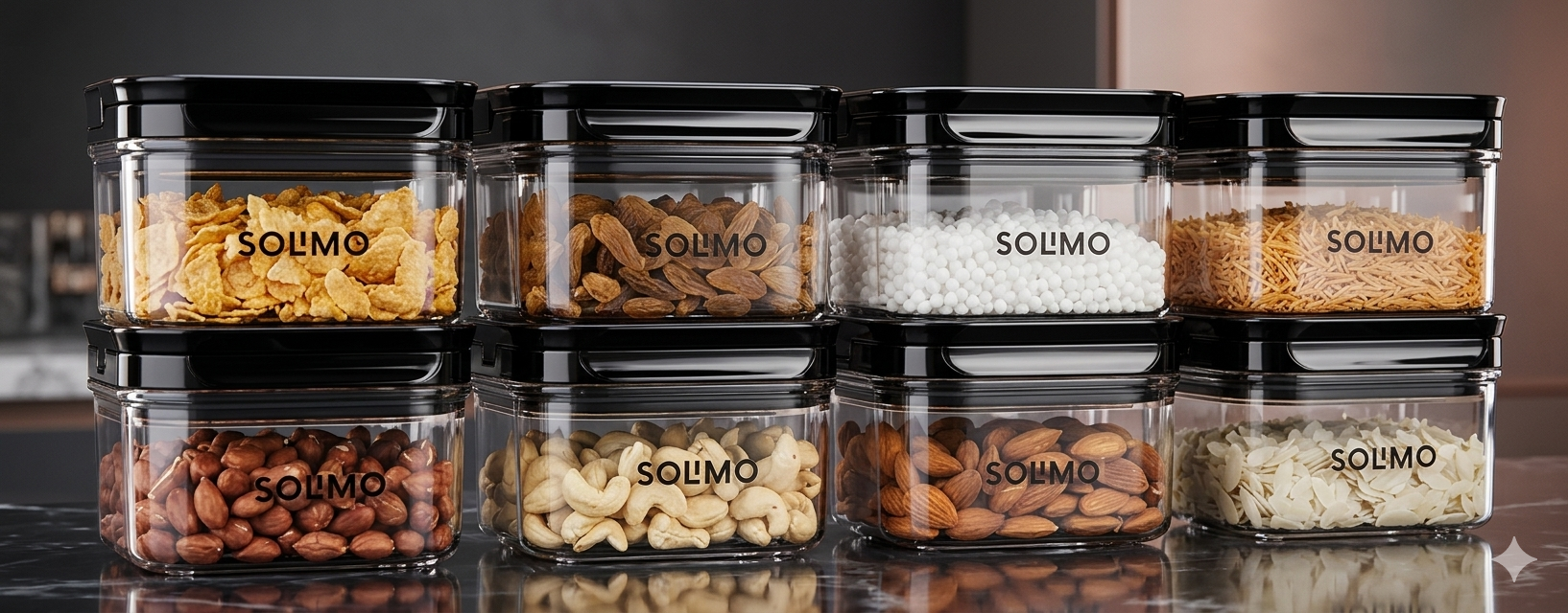 Store your snacks in style! Amazon Brand – Solimo Airtight & BPA-free plastic storage containers. Multipurpose, durable, and keeps food fresh for longer. Shop the best kitchen storage set on Viradome now