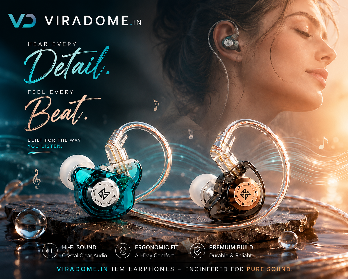 Premium transparent IEM earphones with high-fidelity sound quality for immersive music listening experience featured on Viradome.in