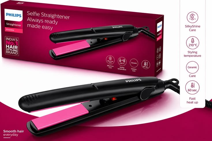 Philips HP8302 selfie hair straightener with ceramic plates Philips hair straightener with SilkPro Care technology 210 degree hair straightener for smooth shiny hair Philips HP8302 salon style hair straightener Hair straightener for Indian hair by Philips Philips ceramic plate hair styling tool available on Viradome.in