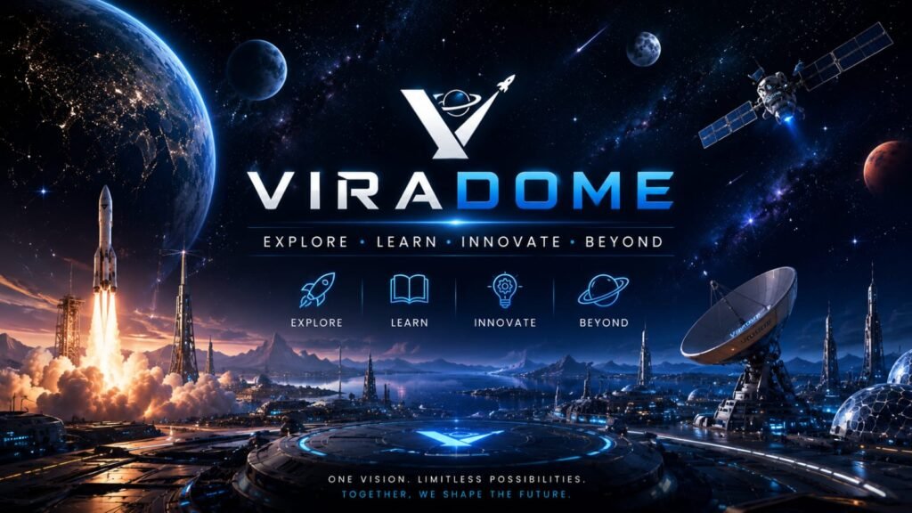 Viradome Space Hub featuring Earth, rockets, satellites, and futuristic space exploration technology.