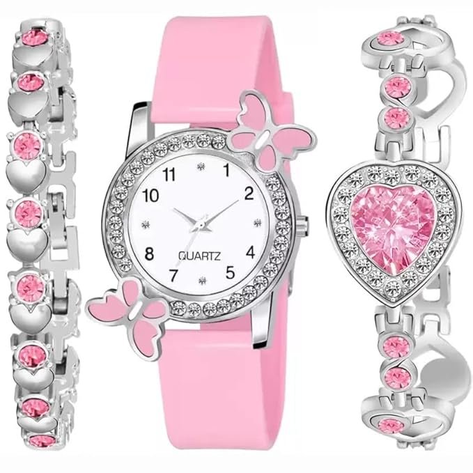 Acnos premium white dial diamond pink watch combo