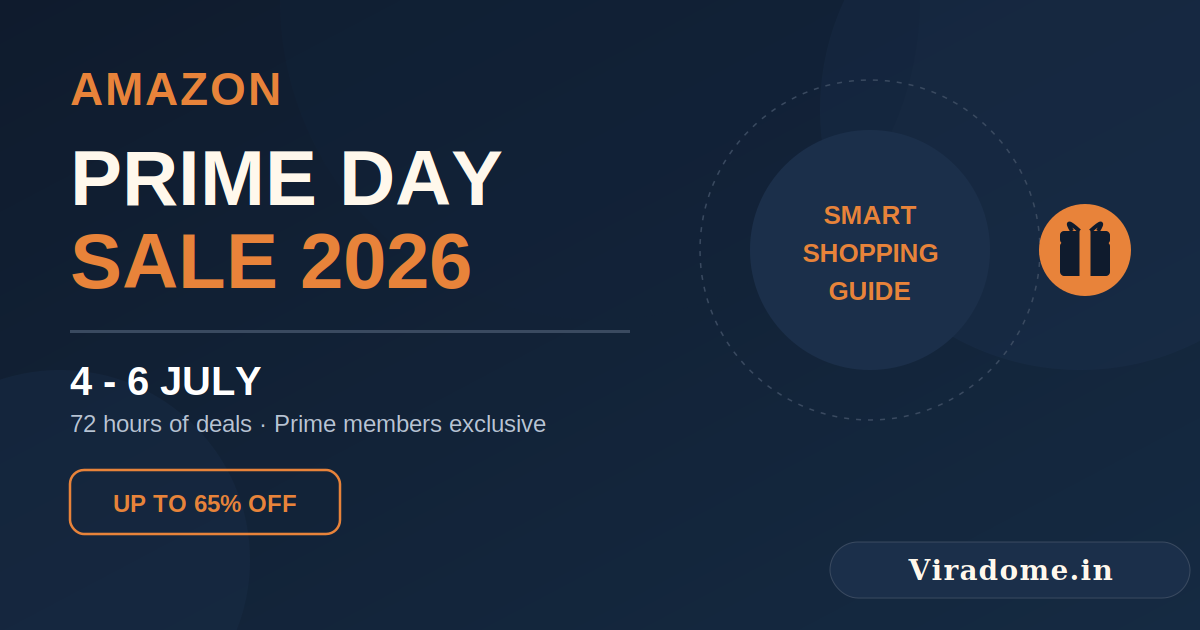 Amazon Prime Day Sale 2026 banner showing dates 4 to 6 July with up to 65% off and smart shopping guide | viradome