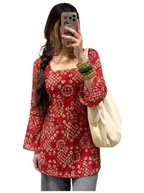 Woman wearing red printed ANNI Designer short kurti with square neck and full sleeves, perfect for office, college and casual ethnic wear