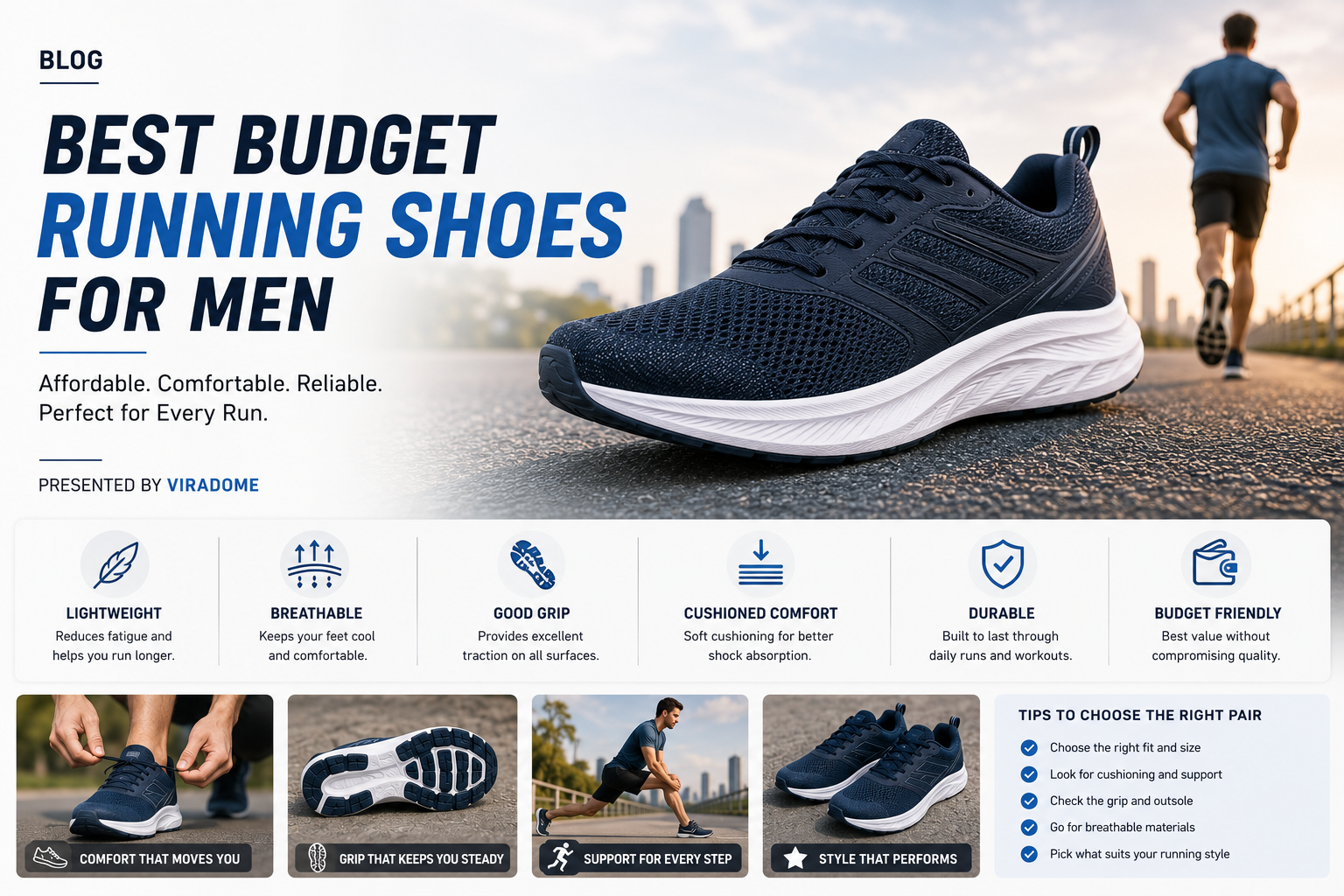 Man running in a park wearing comfortable and affordable budget running shoes for men.