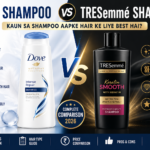 Dove Shampoo vs TRESemmé Shampoo comparison image showing features, price, ingredients, hair type, pros and cons to help choose the best shampoo for different hair types. viradome