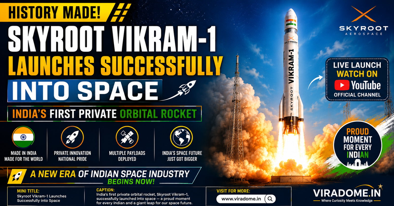 Skyroot Vikram-1 rocket successfully launching into space from Sriharikota, marking India's first private orbital rocket mission. Featured image by ViraDome.in.