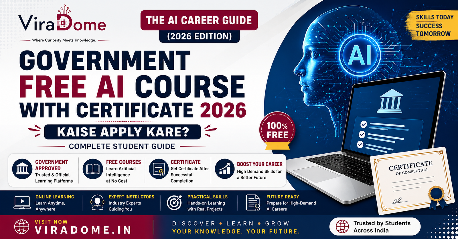 Government Free AI Course with Certificate 2026 feature image by ViraDome.in showcasing The AI Career Guide (2026 Edition), official AI learning, free certification, and student career guidance.