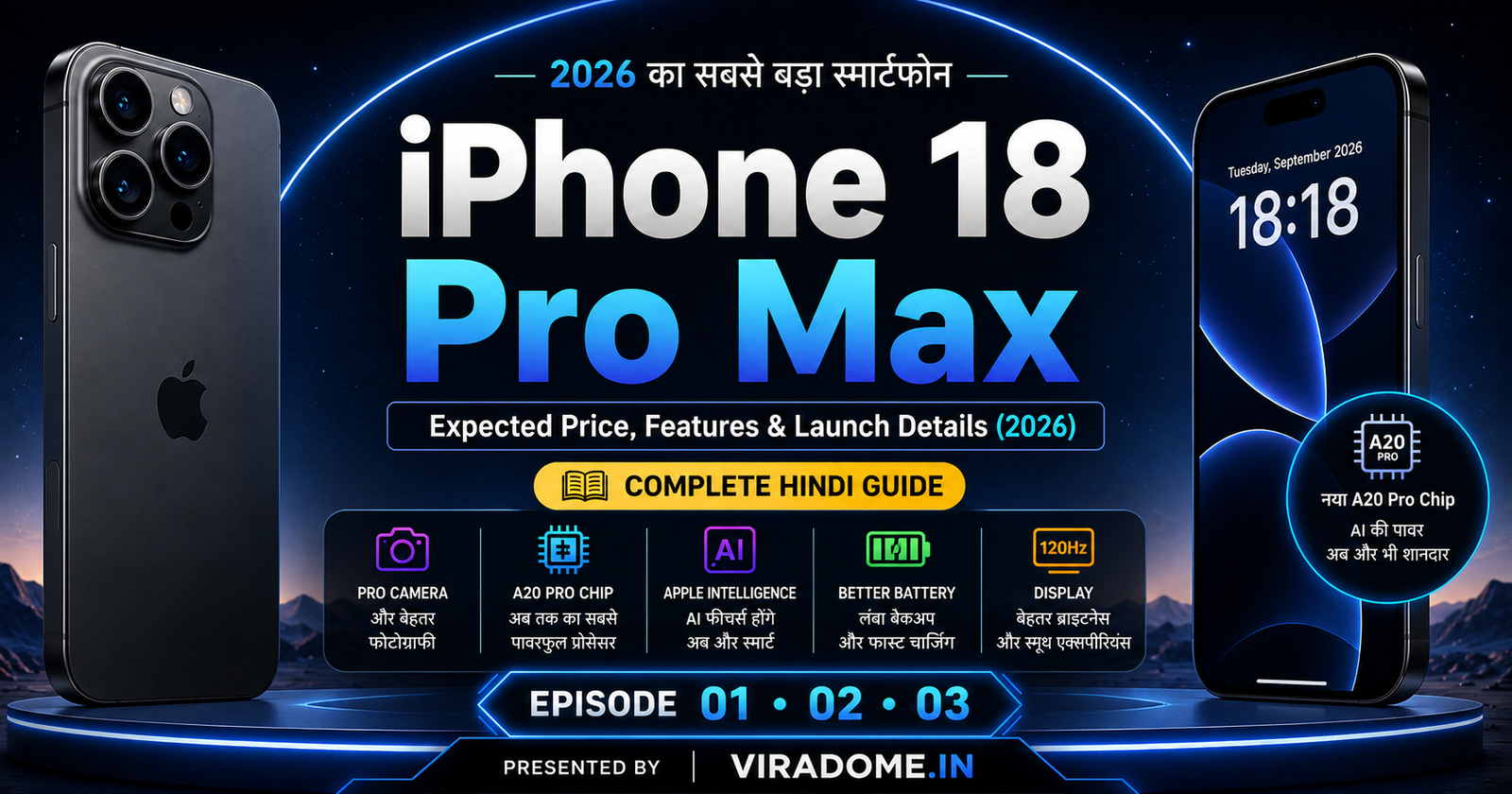 ViraDome iPhone 18 Pro Max 2026 featured image showcasing the expected design, A20 Pro chip, AI features, launch date and expected price in India.