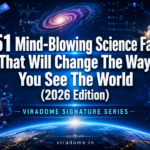 151 Mind-Blowing Science Facts (2026 Edition) blog featured image showing space, galaxy, Earth, DNA, artificial intelligence, atoms, rockets and futuristic science technology concepts | ViraDome.in
