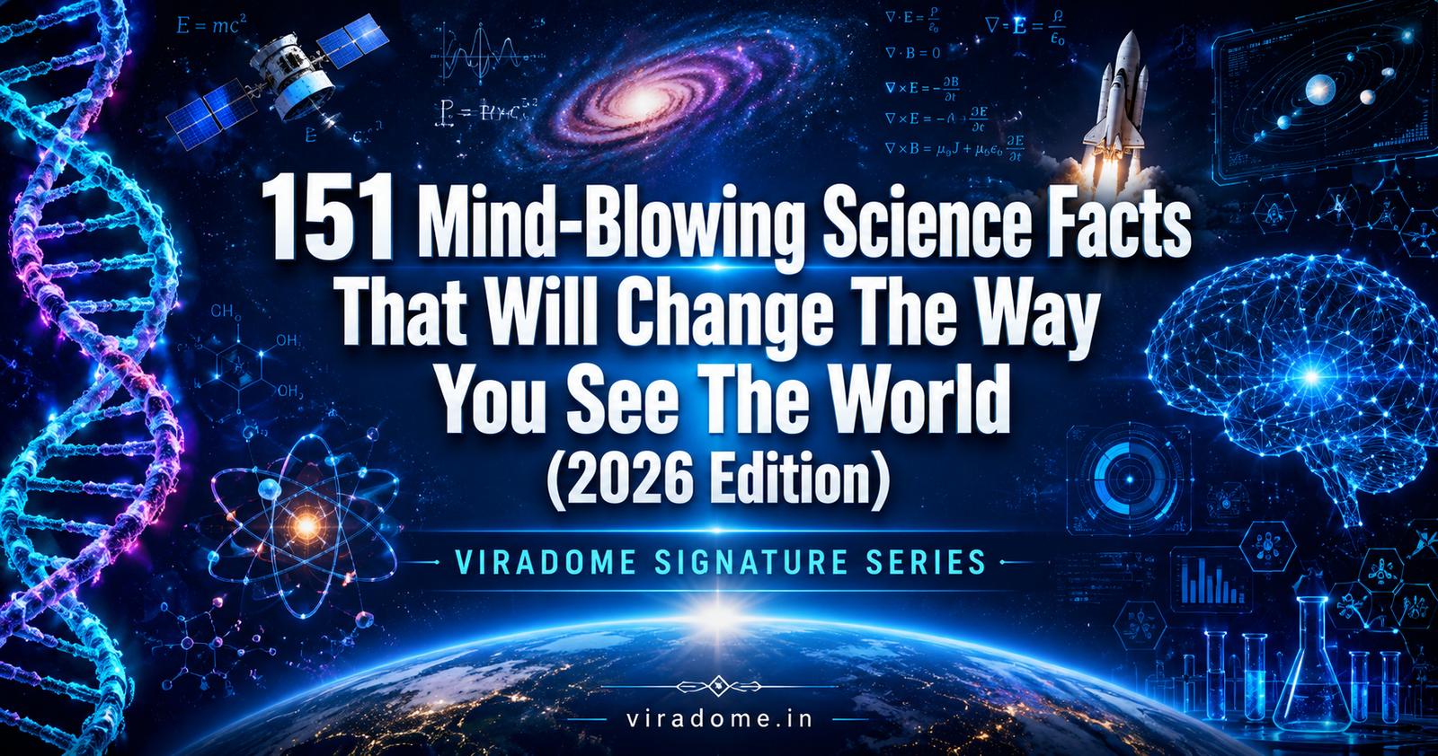 151 Mind-Blowing Science Facts (2026 Edition) blog featured image showing space, galaxy, Earth, DNA, artificial intelligence, atoms, rockets and futuristic science technology concepts | ViraDome.in