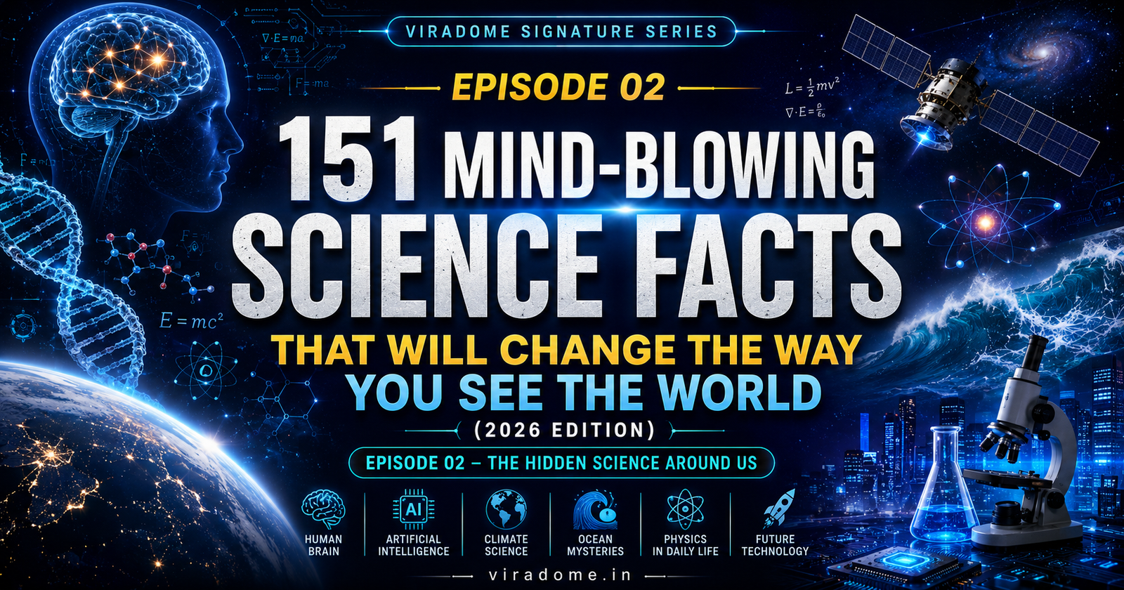 151 Mind-Blowing Science Facts (2026 Edition) blog featured image showing space, galaxy, Earth, DNA, artificial intelligence, atoms, rockets and futuristic science technology concepts | ViraDome.in