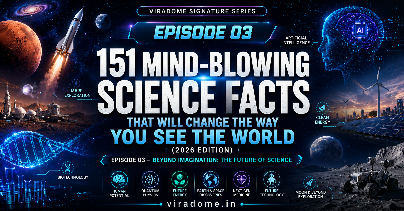 151 Mind-Blowing Science Facts (2026 Edition) blog featured image showing space, galaxy, Earth, DNA, artificial intelligence, atoms, rockets and futuristic science technology concepts | ViraDome.in