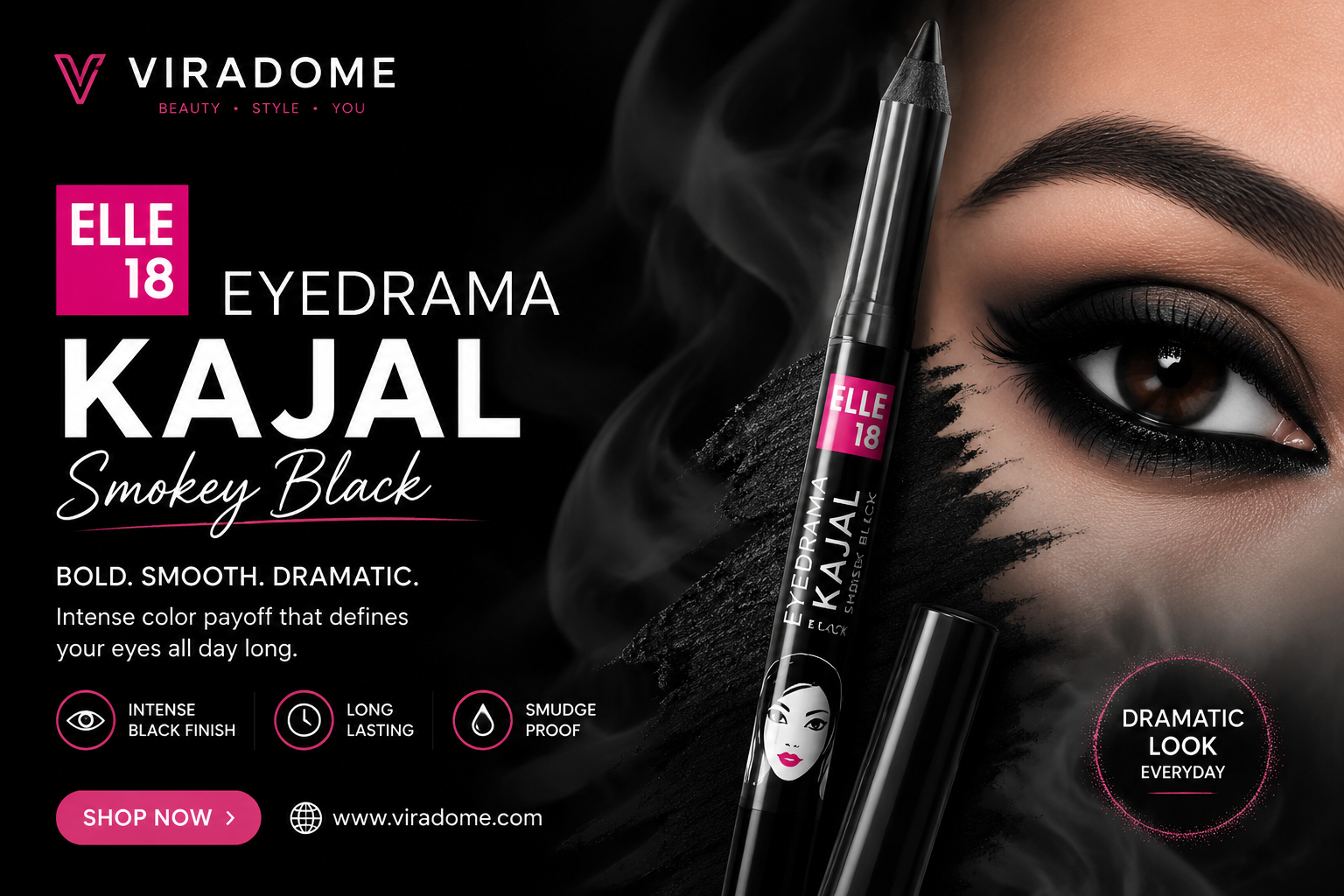 Viradome featured image of Elle18 Eyedrama Kajal Smokey Black, a smudge-proof and long-lasting black kajal for bold and dramatic eye makeup.
