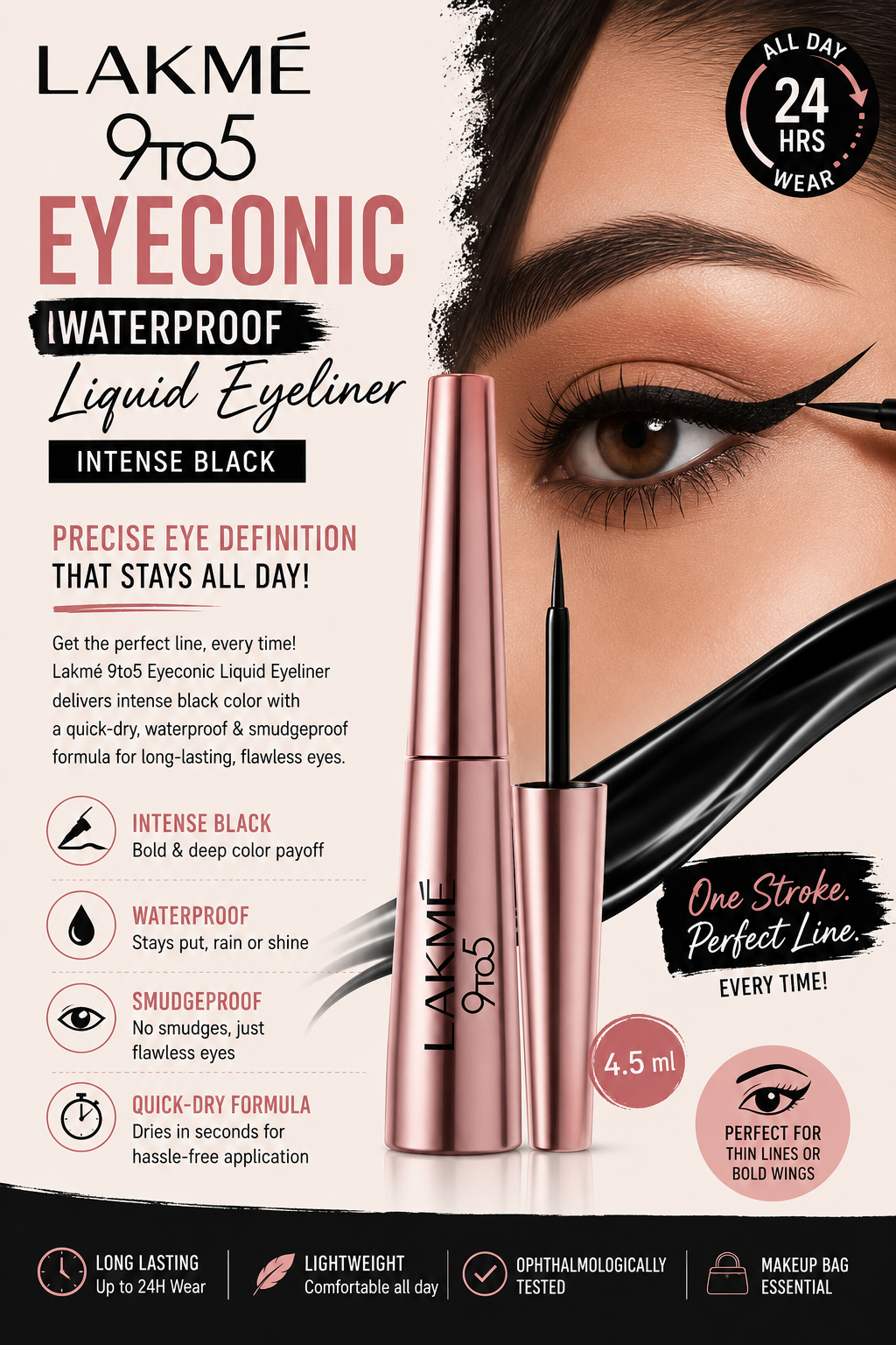 Viradome featured image of Lakme 9to5 Eyeconic Waterproof Liquid Eyeliner Intense Black 4.5 ml with quick-dry, smudgeproof and waterproof formula.