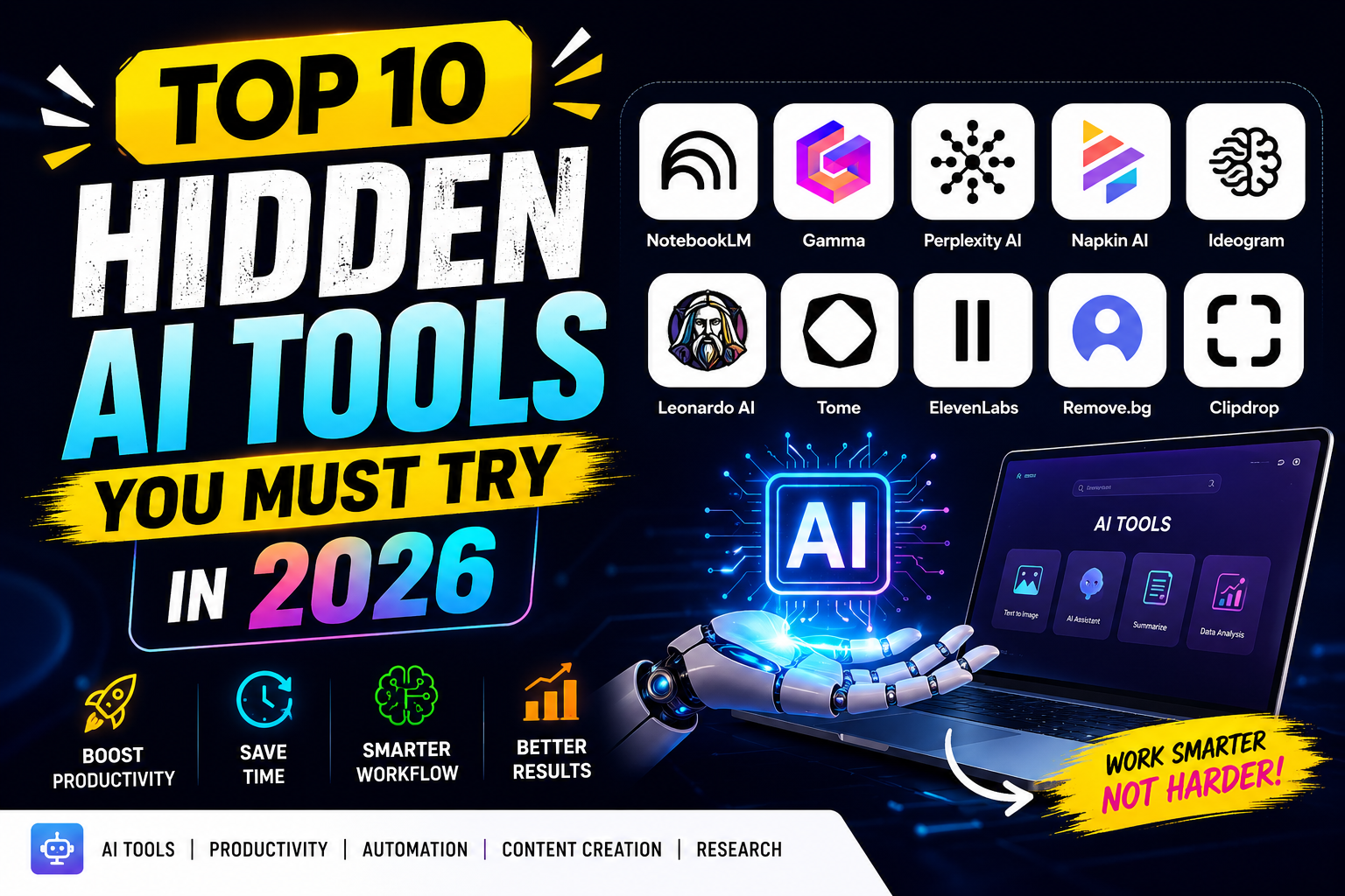 Top 10 hidden AI tools in 2026 including NotebookLM, Gamma, Perplexity AI, Napkin AI, Ideogram, Leonardo AI, Tome, ElevenLabs, Remove.bg, and Clipdrop featured in a modern technology banner – Viradome