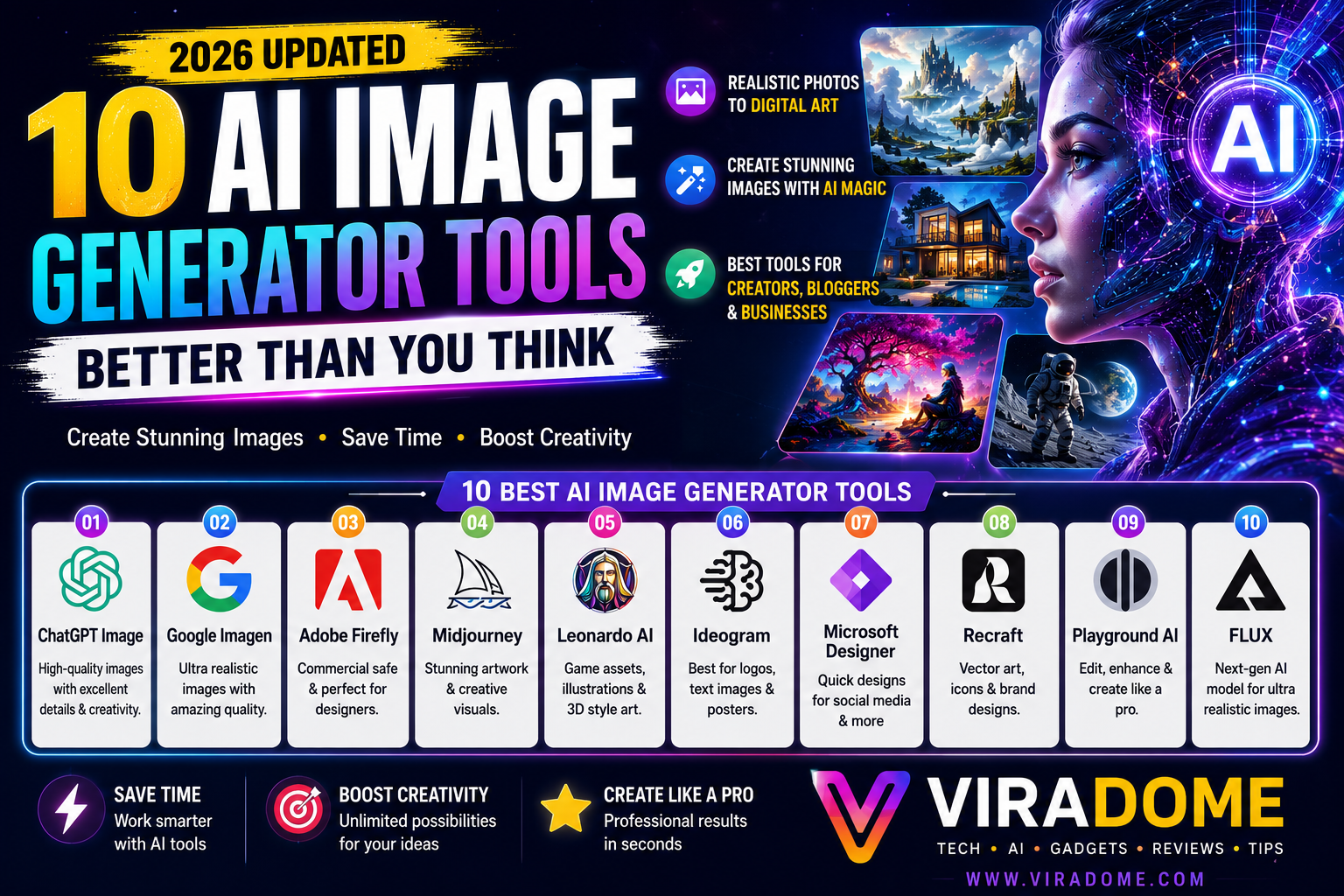 Colorful featured image showcasing the 10 best AI image generator tools of 2026, including ChatGPT, Midjourney, Adobe Firefly, FLUX, Leonardo AI, and Google Imagen – Viradome.