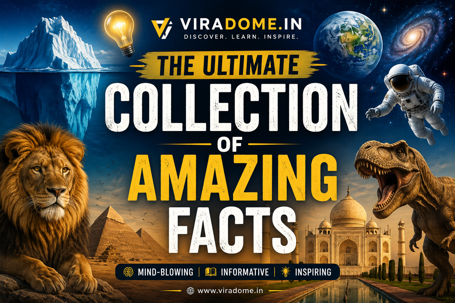 The Ultimate Collection of Amazing Facts blog feature image showcasing space, Earth, astronaut, lion, dinosaur, pyramids, Taj Mahal, iceberg, and science concepts by ViraDome.