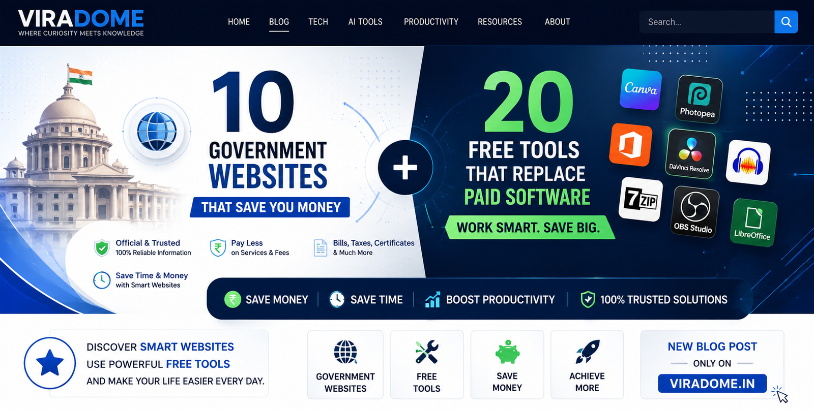 Website blog banner featuring 10 Government Websites That Save You Money and 20 Free Tools That Replace Paid Software with productivity, technology and money-saving resources | ViraDome