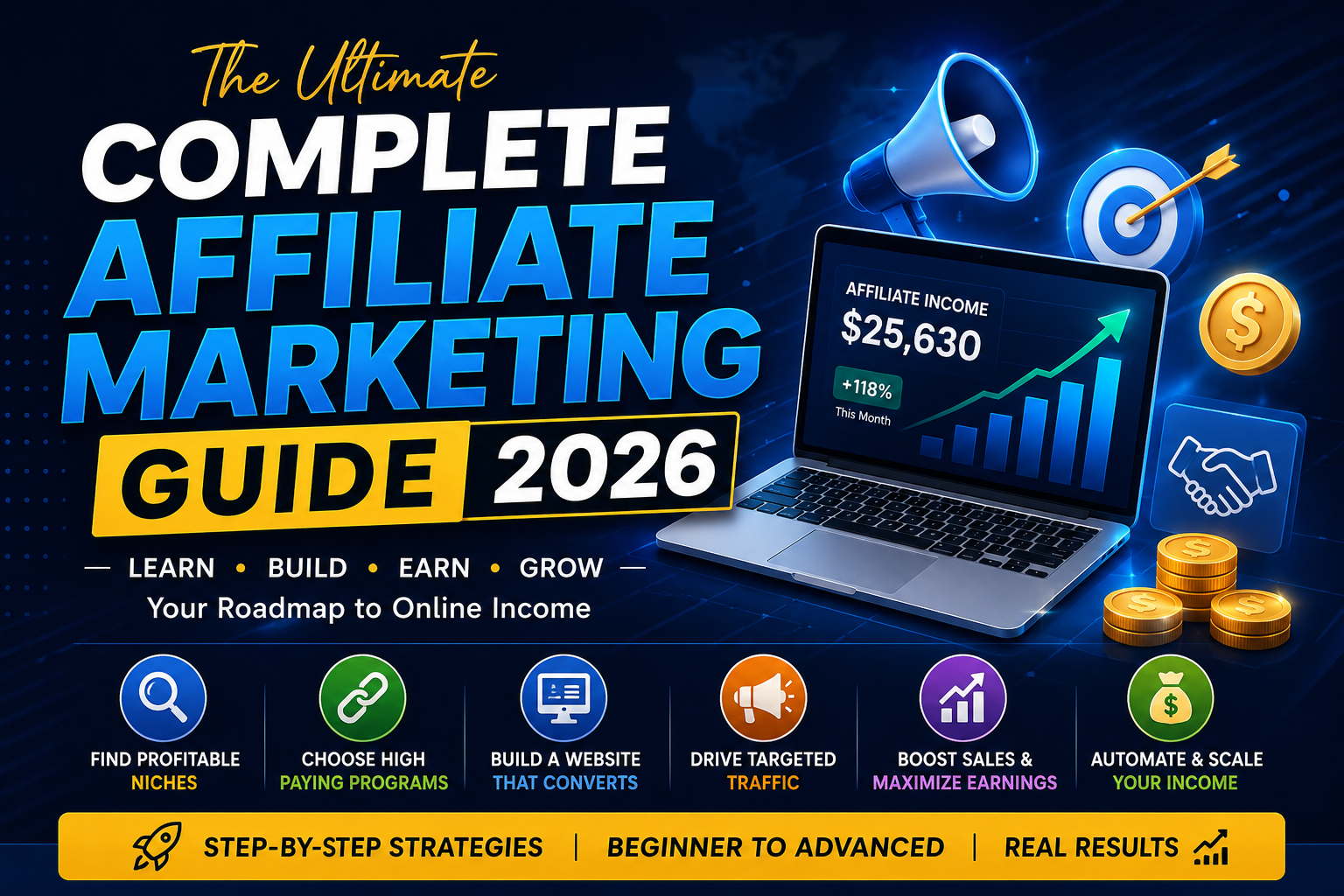 Complete Affiliate Marketing Guide 2026 featured image showing affiliate marketing strategies, online income growth, website building, traffic generation, and passive income tips by ViraDome.