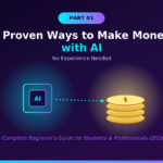 5 Proven Ways to Make Money with AI blog poster Part 1 by ViraDome featuring an AI chip connected to a stack of gold coins representing beginner friendly AI income methods | viradome