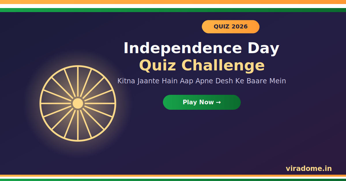 Independence Day Quiz 2026 blog poster by ViraDome.in featuring a golden Ashoka Chakra design with tricolor accents representing an Indian history quiz challenge | viradome.in