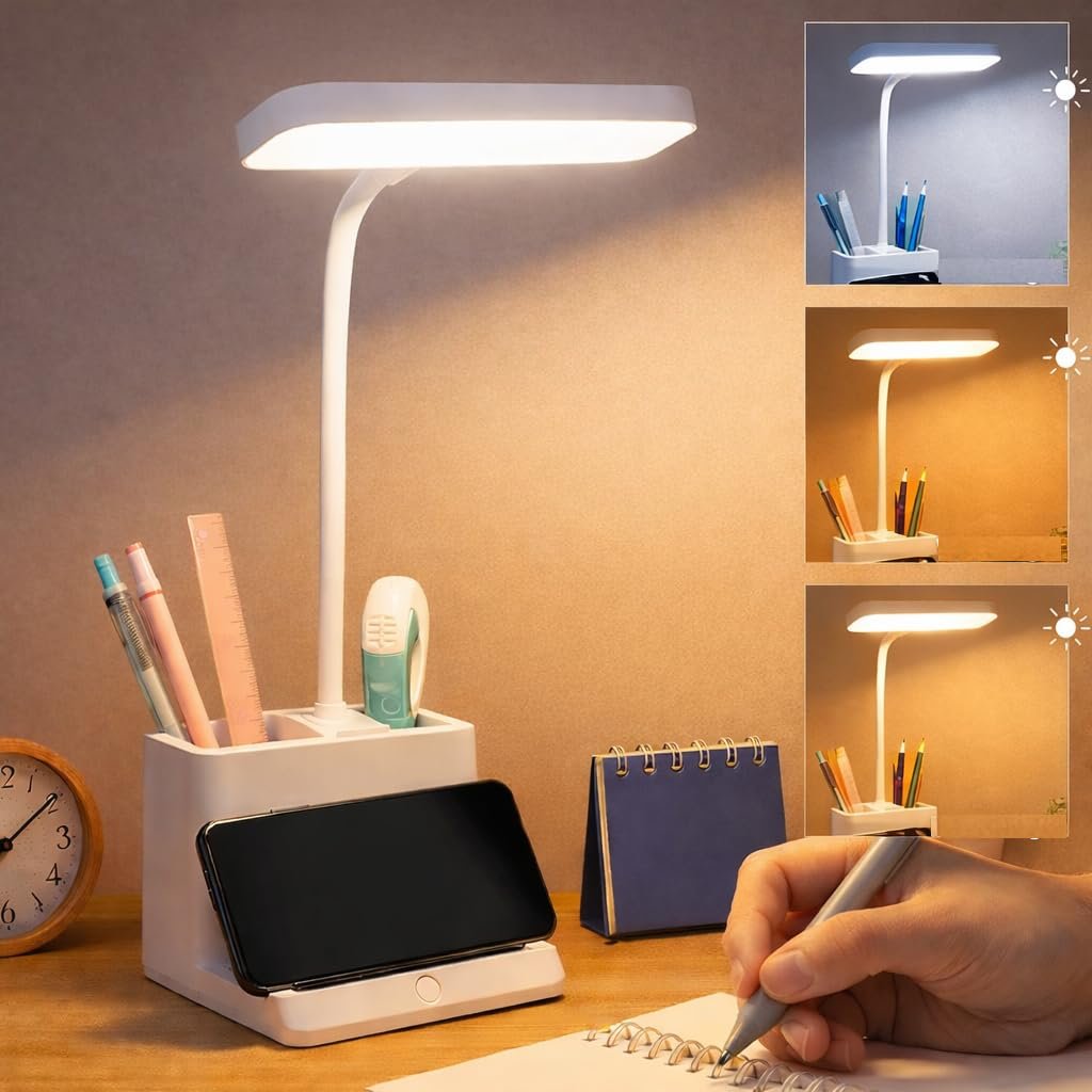 Niwlix LED study desk lamp with pen holder and phone stand featuring a flexible mini gooseneck design – Viradome