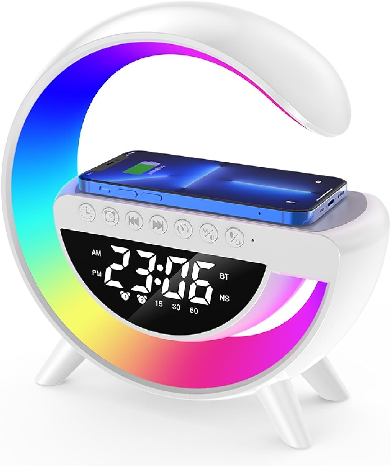 G-Shape LED Wireless Charging Lamp featuring RGB atmosphere light, Bluetooth speaker, digital alarm clock, and wireless charging functionality – Viradome