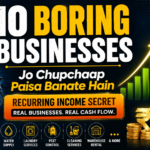 Professional blog poster featuring 10 boring businesses that generate recurring income, highlighting stable cash flow, business growth, and long-term wealth creation with a modern business-themed design by ViraDome.