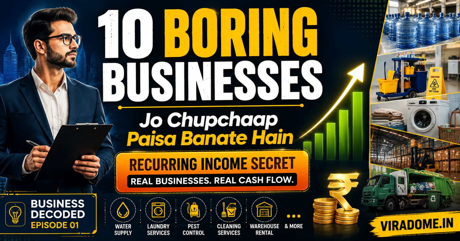 Professional blog poster featuring 10 boring businesses that generate recurring income, highlighting stable cash flow, business growth, and long-term wealth creation with a modern business-themed design by ViraDome.