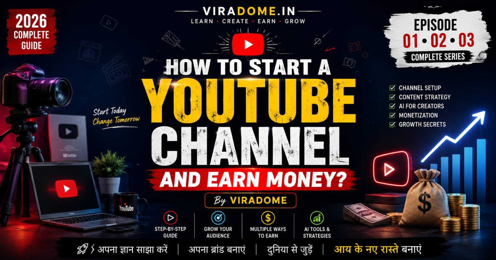How to Start a YouTube Channel and Earn Money in 2026 – Complete Beginner's Guide covering YouTube Monetization, AI Tools, Content Creation, YouTube SEO, Personal Branding, and Creator Growth Strategy | ViraDome.in